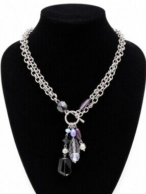 Silver Tone Double Strand Crystal Beaded Necklace with Charm Pendant